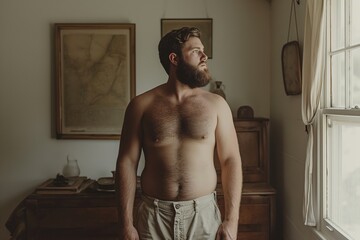 Chubby man, shirtless, at home.