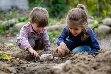Young children explore and experience the touch of nature with their hands.