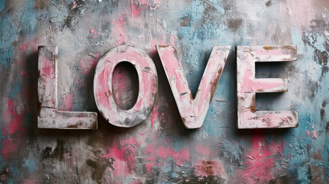 Venetian Plaster Love concept creative horizontal art poster. Photorealistic textured word Love on artistic background. Horizontal Illustration. Ai Generated Romance and Passion Symbol.