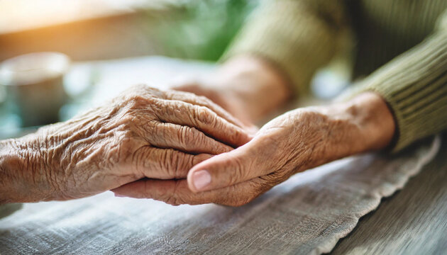 young woman and a senior lady, as they share a tender hand-holding moment, symbolizing intergenerational love and care