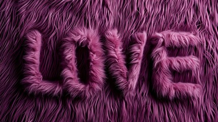 Fototapeta premium Violet Fur Love concept creative horizontal art poster. Photorealistic textured word Love on artistic background. Horizontal Illustration. Ai Generated Romance and Passion Symbol.