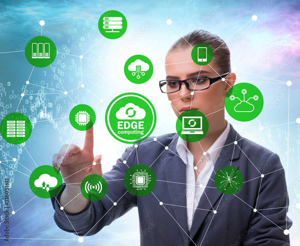 Poster businessman in edge and fog computing concept