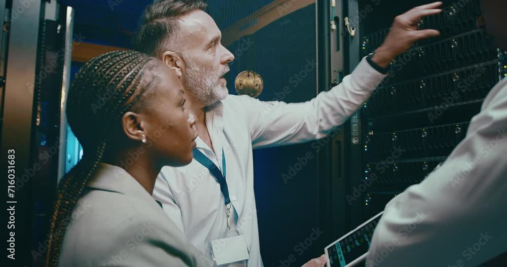 Poster People, tablet programming and server room for planning, software or coding for cloud computing solution. Manager, technician or group in data center for system, teamwork and hardware problem solving