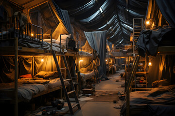 Huge empty refugee camp barrack filled with bunk beds - obrazy, fototapety, plakaty