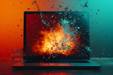 AI generated illustration of an exploding laptop screen on desk with water droplets splashing