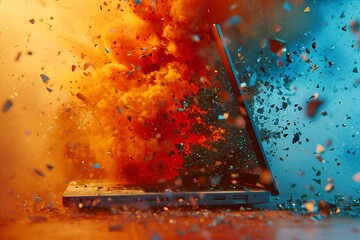 AI generated illustration of laptop exploding and emitting sparks in a dramatic manner