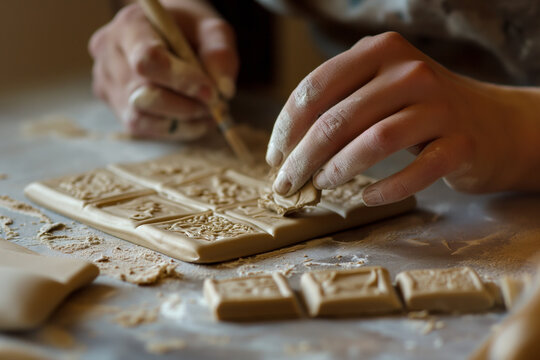 Close-up of hands meticulously carving intricate patterns into a clay tablet.