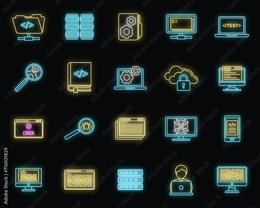 Poster pc testing software icons set. outline set of pc testing software vector icons neon color on black