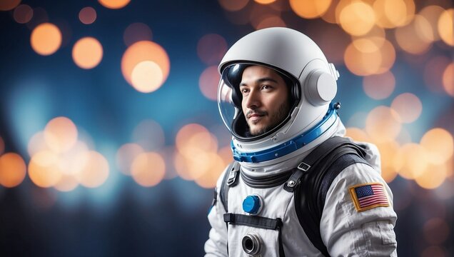 Astronaut man with blurred bokeh background 