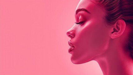 Women's Day - Graceful Beauty: Woman with Closed Eyes on Pink Background
