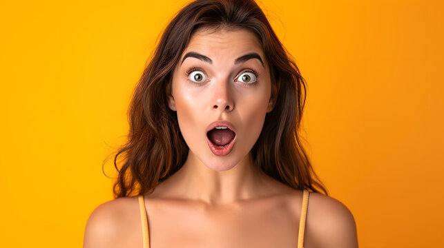 Surprised Young Woman Looking At Camera With Open Mouth On Yellow Background