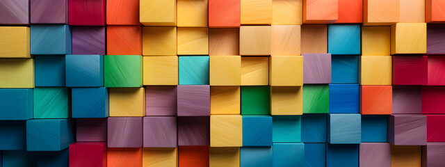 Wall of colored wooden cubes, wide banner