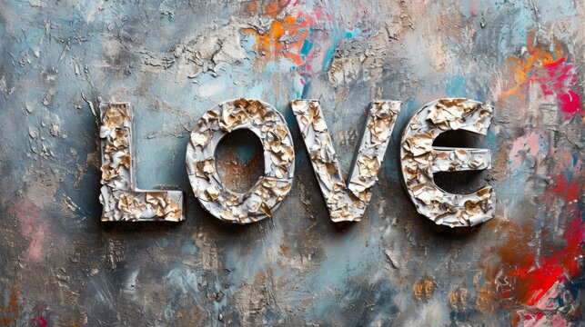 White Gold Love concept creative horizontal art poster. Photorealistic textured word Love on artistic background. Horizontal Illustration. Ai Generated Romance and Passion Symbol.