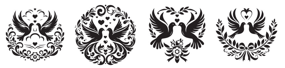 doves vector image set of wedding decorative pigeon birds, black and white vector graphics