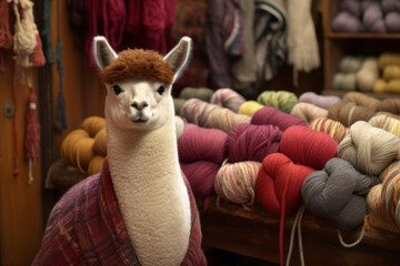 Alpaca in a shop with colored yarn of alpaca wool