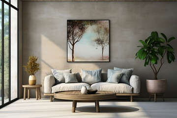Interior of modern living room with white sofa and candles. 3d rendering. ai generated
