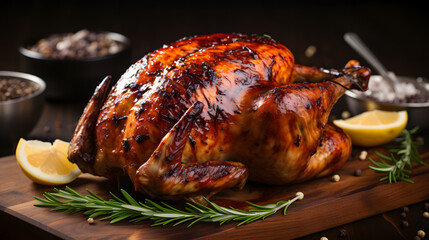 Fried chicken served on a tray whole. Oven-cooked chicken with a meat fork on a board