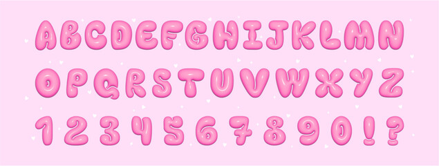 3D Pink Bubble alphabet font. Typeface Design. Trendy font with glossy plastic effect and retro y2k style. Set with Alphabet and  Numbers.