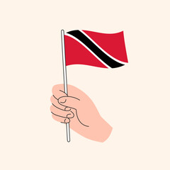 Cartoon Hand Holding Trinidad and Tobago Flag, Simple Vector Design. Flag of Trinidad and Tobago, South America, Concept Illustration, Isolated Flat Drawing