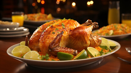 Fototapeta premium Fried chicken served on a tray whole. Oven-cooked chicken with a meat fork on a board