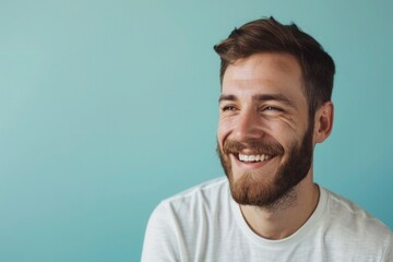 Fototapeta premium Portrait of a content man with stubble, his casual style and easygoing grin suggest a pleasant, optimistic outlook, on the light blue