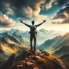 Fototapeta premium a man stands on the top of a rock among the mountains with delight raising his hands to the sky