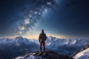 a man stands on the top of the mountains looking into the night starry sky