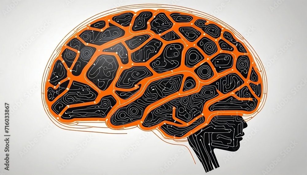 Aufkleber artificial intelligence concept. creative brain concept background. brain in orange and black lines 