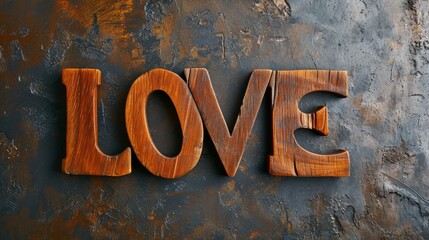 Wooden Mahogany Love concept creative horizontal art poster. Photorealistic textured word Love on artistic background. Horizontal Illustration. Ai Generated Romance and Passion Symbol.