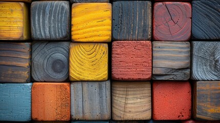 background, wooden organized polished colorful bricks in different colors, close up, A vibrant mosaic of colored wooden blocks, each with unique textures and wood grain patterns..