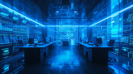 Um elegante laboratório de computação futurista é banhado em uma luz azul fresca criando uma atmosfera tecnológica e de ponta
