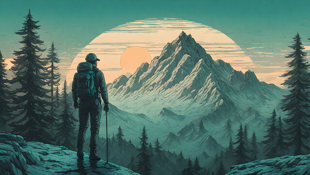 Lone Hiker Gazing At Sunrise Over Mountain Peaks, Retro Vintage Style Illustration