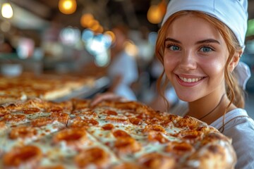 a pizza chef young tall brunette making pizza, celebrating National Pizza Day, A cheerful and friendly young woman, her casual yet professional attire suggesting a hands-on approach to creating pizza