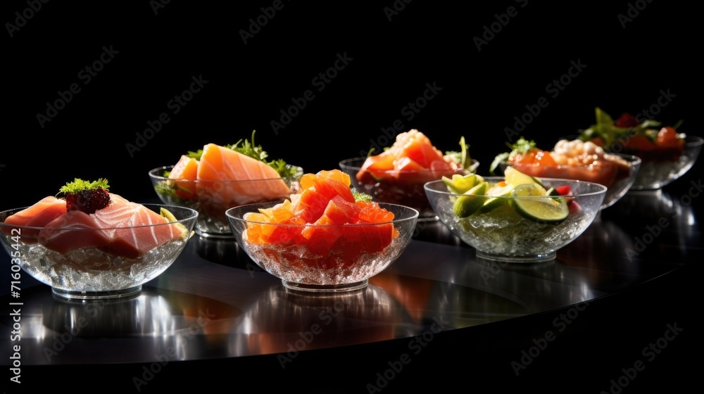 Poster a row of bowls filled with different types of sushi. generative ai.