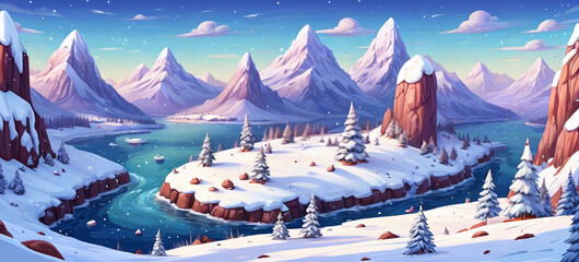 Winter Wonderland: A tranquil snowy landscape with towering mountains and a serene river, capturing the peaceful beauty of nature.
