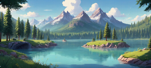 Mountain Serenity: A peaceful landscape featuring a pristine lake surrounded by lush pine forests and towering snow-capped mountains under a clear blue sky.