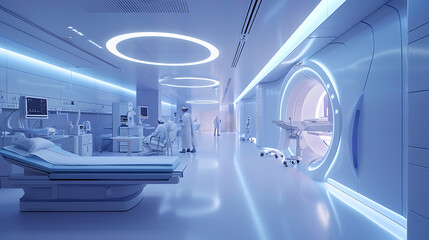 Instalações médicas futurísticas e elegantes apresentam equipamentos e tecnologia de ponta  O suave brilho ambiente das inovadoras máquinas ilumina os imaculados e estéreis arredores
