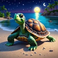 Sea turtle. Cute turtle on the beautiful coast at night. Sea turtle walking on a tropical island. Generative AI