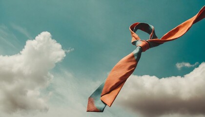 Eccentric image with a tie flying in the air with a cloudy sky in the background - obrazy, fototapety, plakaty
