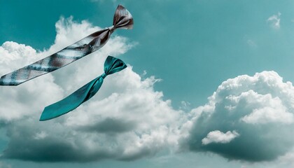 Offbeat image with ties flying in the air with a cloudy sky in the background