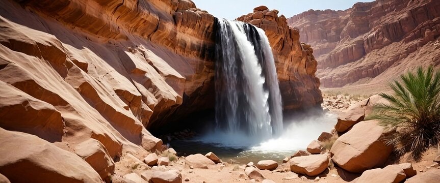 Beautiful scenery, panoramic view of a waterfall in desert rugged landscape cliff treacherous path. Generative AI