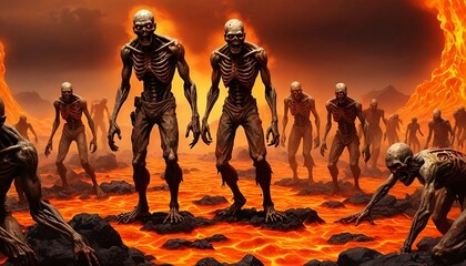 Zombies walking on lava hot floor. zombies on lava erupted volcanic floor. Generative AI