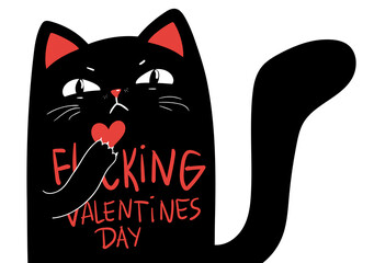 Black sarcastic grumpy cat holding heart, moody Valentines day greeting card, poster, banner and other, hand drawn funny illustration