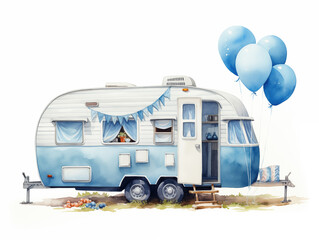 Watercolor illustration of festive cartoon blue camper on white background