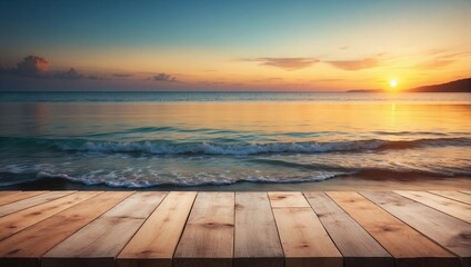 Fototapeta na wymiar Blurred Sunset Sea on Empty Wooden Table Background, Wooden Table