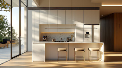 Fototapeta na wymiar Uma cozinha minimalista elegante é banhada por luz natural exibindo dispositivos inteligentes futuristas integrados perfeitamente ao espaço
