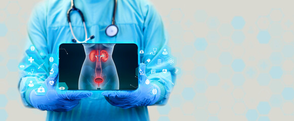 The doctor performs a urography analysis of a woman's body to determine the diagnosis of conditions...