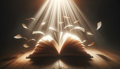 A magical book open on the table, from which the pages fly up, creating a magical atmosphere. The light stream shines from above, magically illuminating the pages, creating a fantastic effect