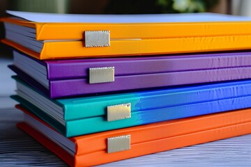 Office essentials Multi colored file folders neatly stacked on a table