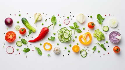 Creative layout made of tomato, cucumber and salad leaves on the white background. Ai Generative